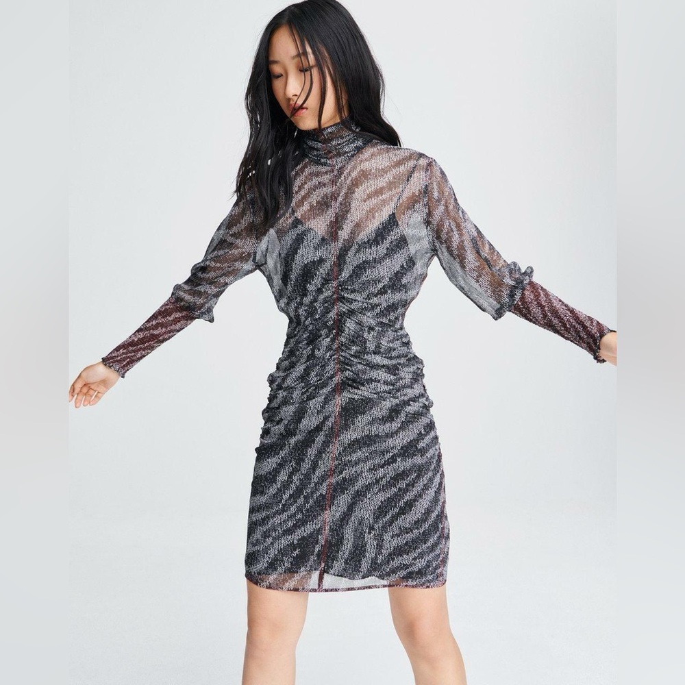 RAG & BONE Maris Ruched Zebra-Print Silk-Georgette Mini Dress. Size 4.
